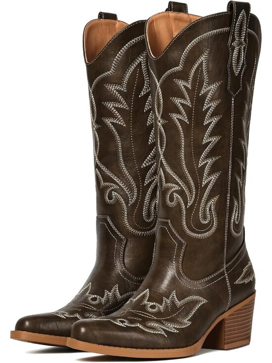 Shoes - Women Pu Taupe Pull-On Western Mid-Calf Cowboy Snip Toe Chunky Block Heel